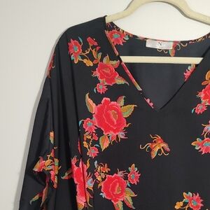 Natori Black Tunic with Red Floral Design